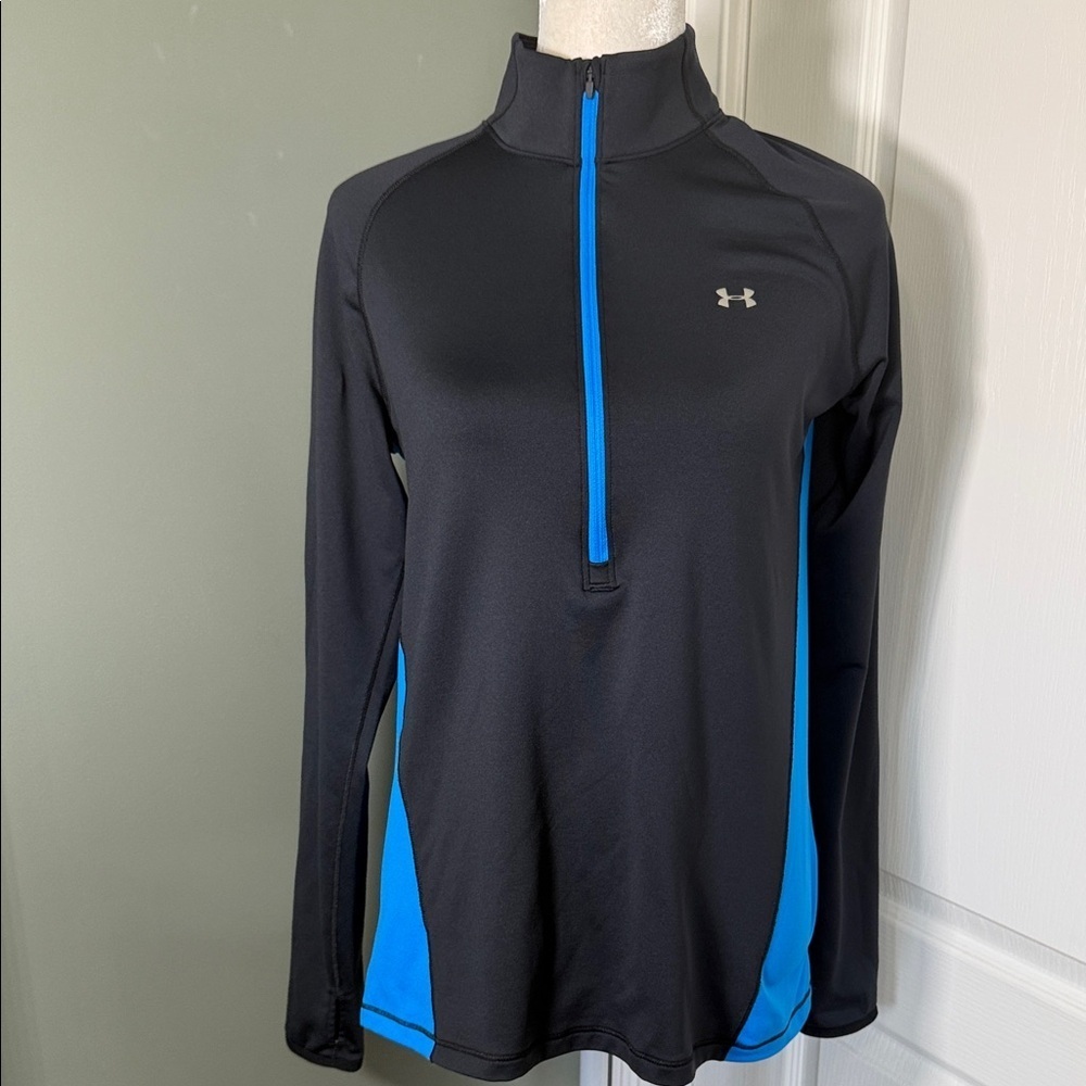 Under Armour ColdGear 1/4 Zip Pullover Women’s LG Black Blue Fitted Athletic Top